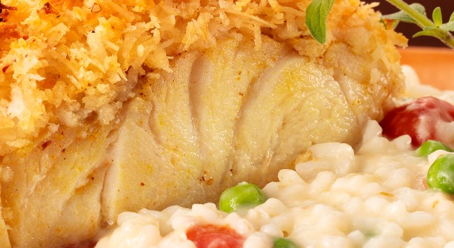 Pescada Amarela com Crosta de Coco Picante com Risoto