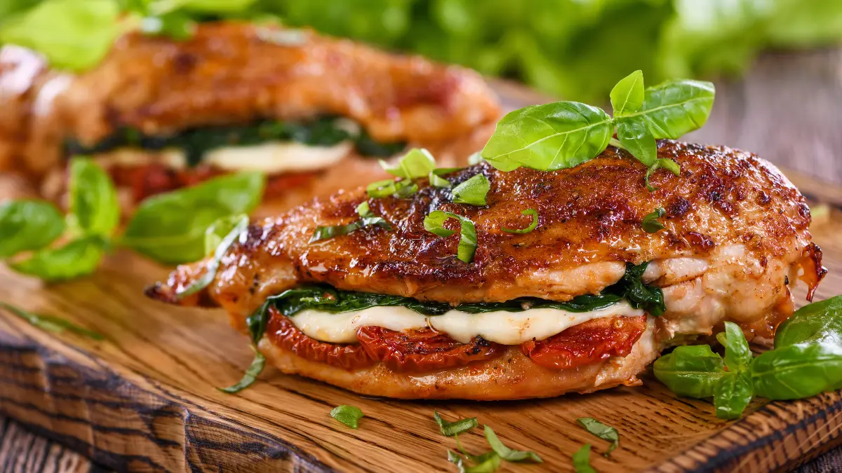 Peito de Frango Recheado com Tomate, Pesto de Manjericão e Muçarela de Búfala