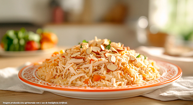 Arroz Sírio com Frango Desfiado e Amêndoas em Lascas