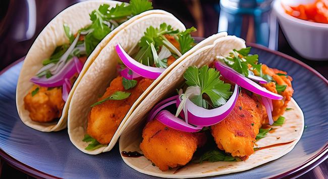 Tacos de Filé de Frango Empanado Vegetal com Salsinha e Cebola