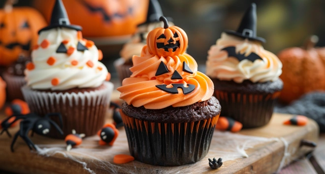 Cupcake de halloween decorado em cima de uma tábua de madeira.