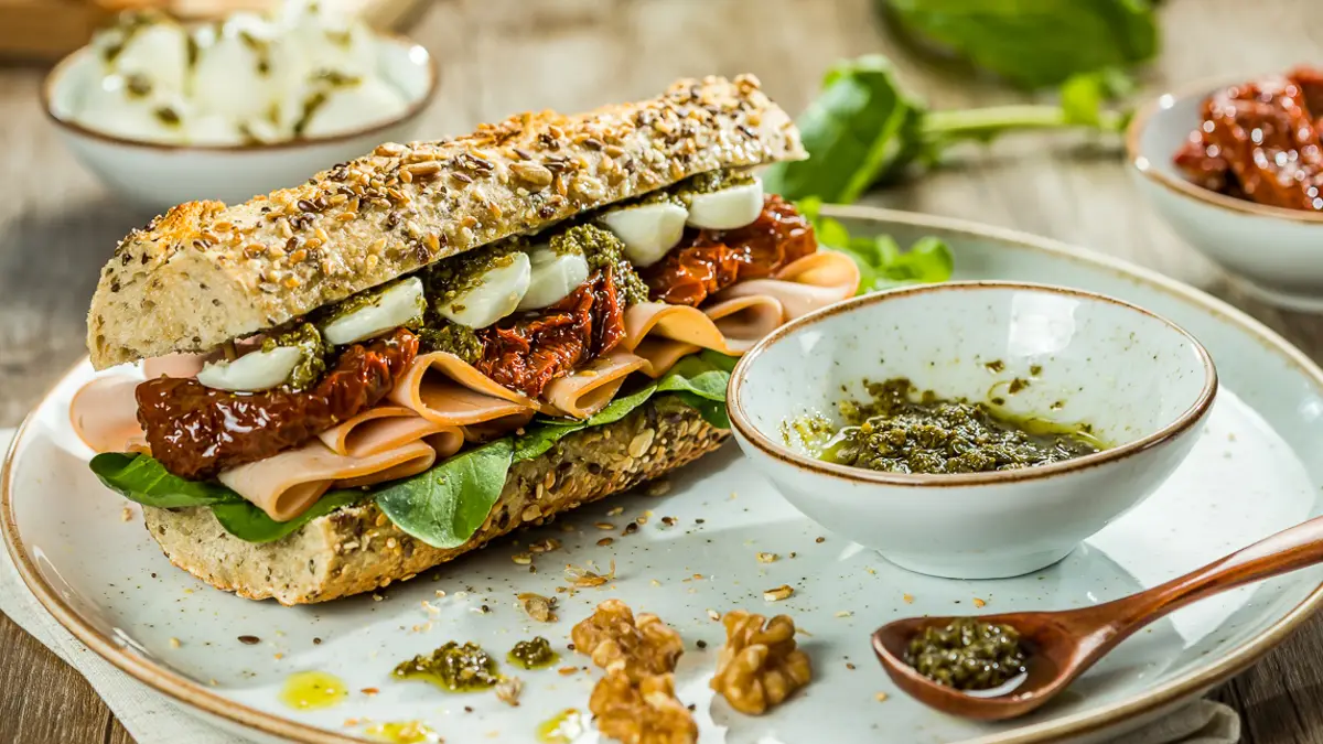 Sanduíche de peito de frango defumado com tomate seco, rúcula, muçarela de búfala e molho pesto em um prato redondo branco. Em cima do prato também há uma tigela com molho pesto. Ao fundo, tigelas de muçarela e de tomate seco.