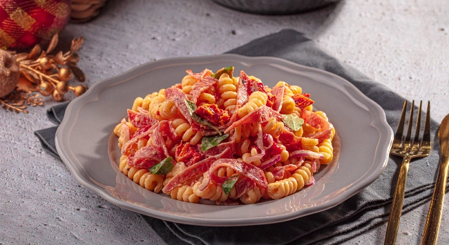 Salada de macarrão com salame, tomate seco e manjericão