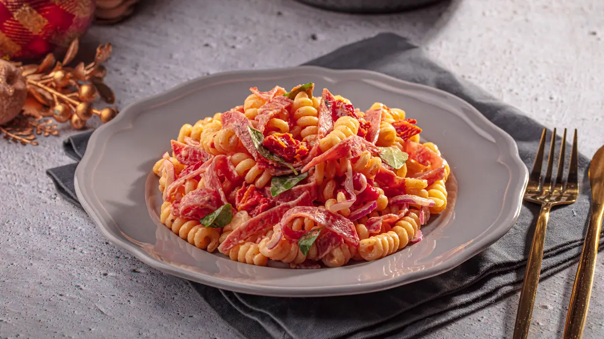 Salada de Macarrão com Salame, Tomate Seco e Manjericão