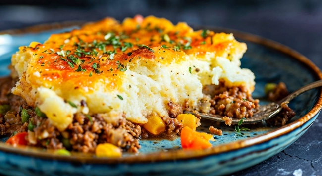 Escondidinho de batata com carne moída, coberto com queijo dourado e ervas, servido em prato rústico, mostrando camadas coloridas e suculentas.