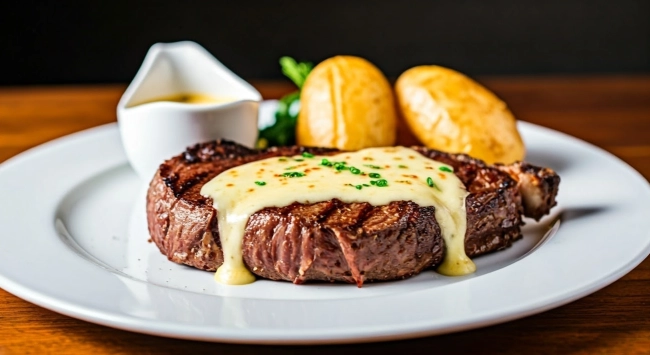 Filé de Costela ao Molho de Queijos e Batatas Douradas