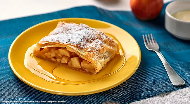 Fatia dourada de strudel de maçã no prato amarelo, polvilhada com açúcar de confeiteiro. Recheio apetitoso à mostra, calda escorrendo e garfo ao lado. Maçã fresca e tigela com creme ao fundo, sobre tecido azul.