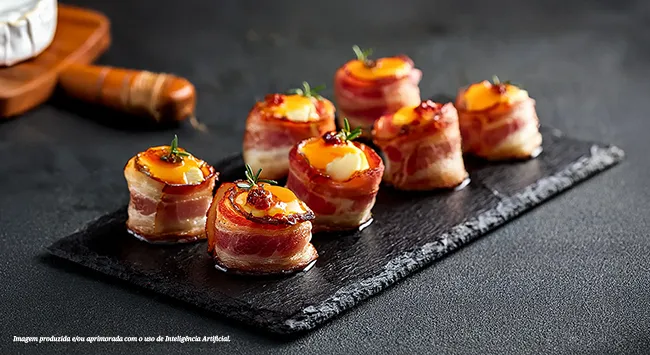 Canapé de bacon recheado com queijo brie e molho de damasco