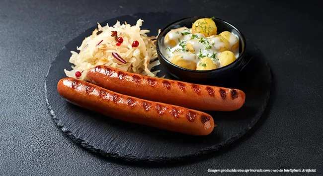 Salsicha Viena Hans com chucrute e batatas cozidas ao creme de alho