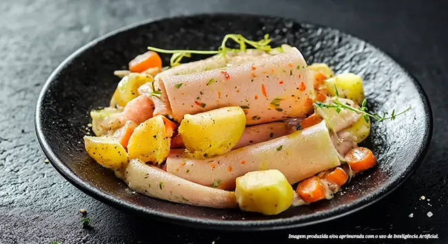 Salsichão com picles Hans com salada de maionese cremosa