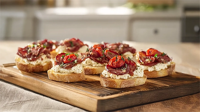 Mini bruschettas com salame, tomates secos e ricota defumada