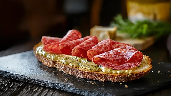 Tartine de salame com mostarda dijon e endro