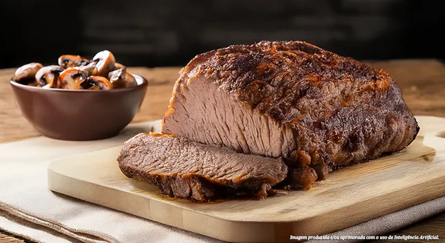 Carne assada suculenta, macia e dourada por fora, com interior rosado apetitoso. Uma fatia generosa convida a saborear. Acompanha cogumelos salteados, combinação perfeita para um clássico irresistível.