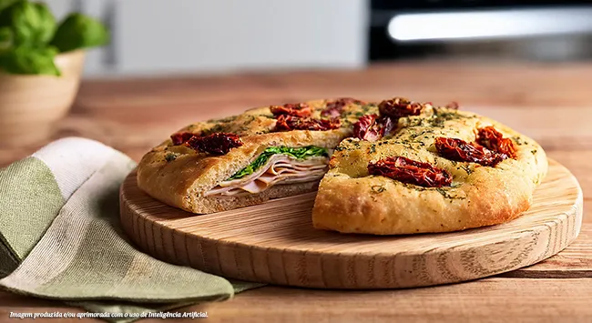 Focaccia artesanal com peito de frango defumado, tomates secos e pesto de manjericão