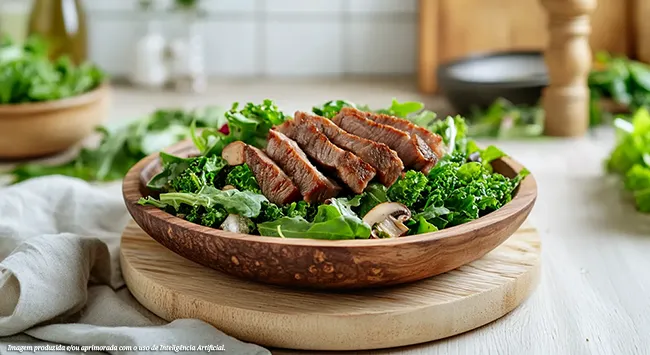 Filé mignon na brasa com salada de folhas e cogumelos