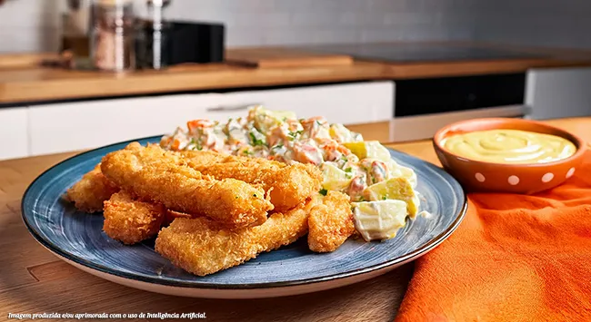 Isca de peixe empanada com molho de mostarda e salada de batata