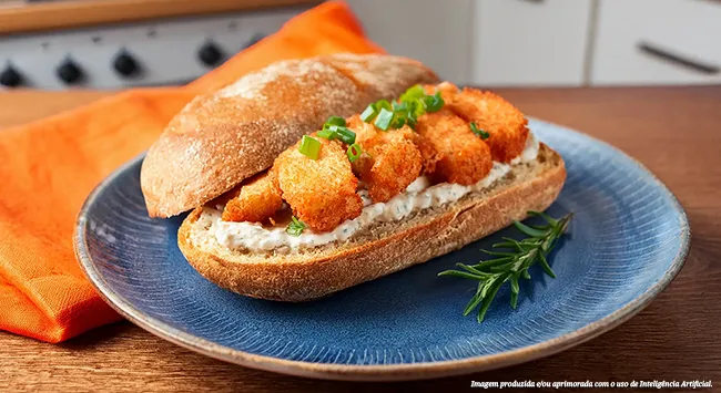 Sanduíche de isca de peixe empanada com molho de alho