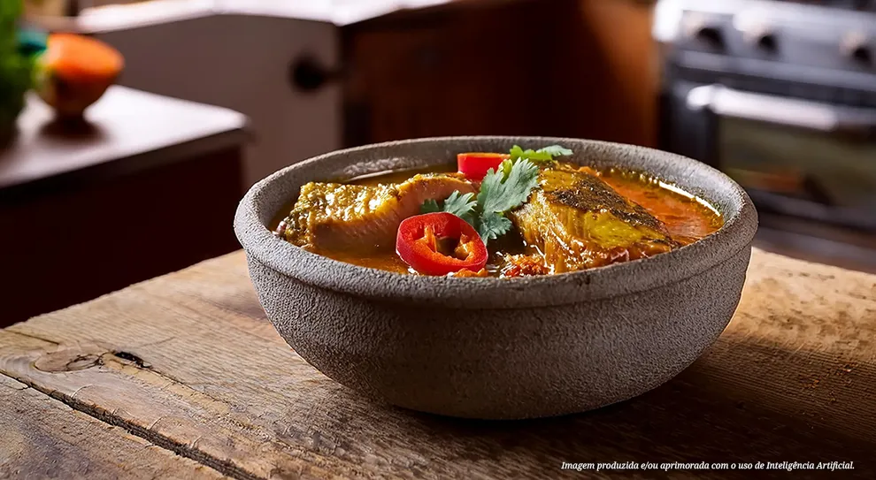 Um ensopado de peixe fumegante, adornado com pimentão vermelho e coentro fresco, servido em uma panela rústica de barro sobre uma mesa de madeira. O ensopado, com pedaços suculentos de peixe e um caldo rico.