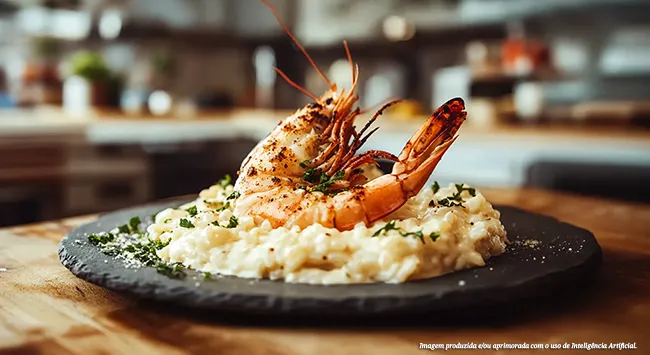 Camarão tigre com arroz de leite