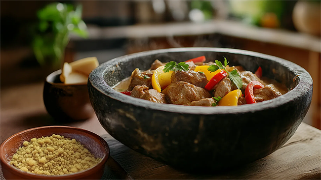 Carne de carneiro ao leite de coco com farinha de mandioca puba