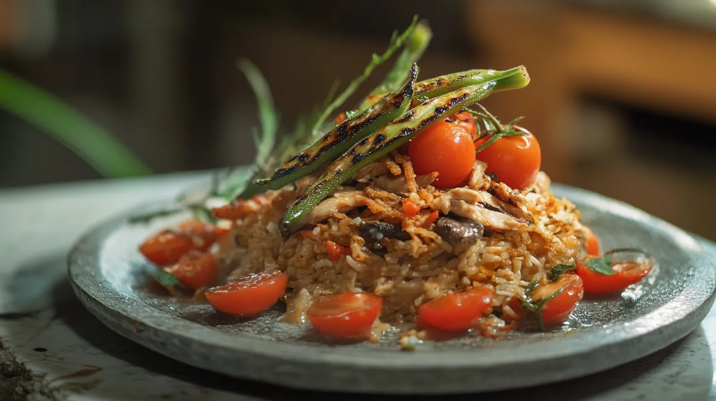 Arroz com legumes e frango em um prato moderno sobre fundo desfocado.