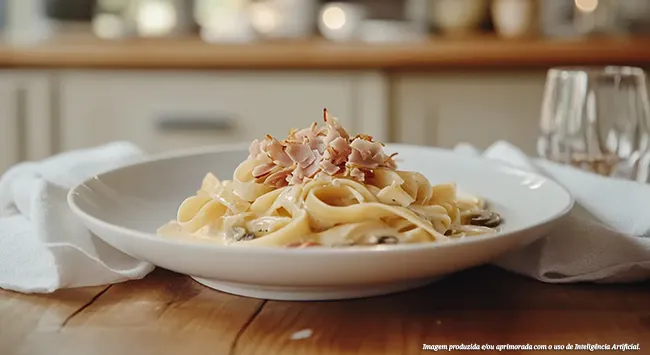 Linguine com peito de frango defumado, cogumelos e molho de creme de trufas