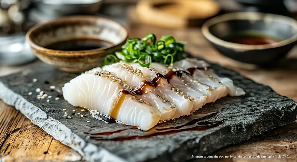 Peixe branco fresco em fatias, com sementes de sésamo e molho de soja, servido em um prato de ardósia sobre uma mesa de madeira. Um aperitivo elegante e convidativo, com hashi e molhos ao lado.