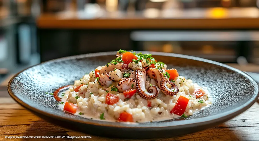 Arroz com polvo grelhado e tomates frescos em um prato elegante. Uma explosão de cores e sabores, com destaque para a textura do risoto e a apresentação convidativa.