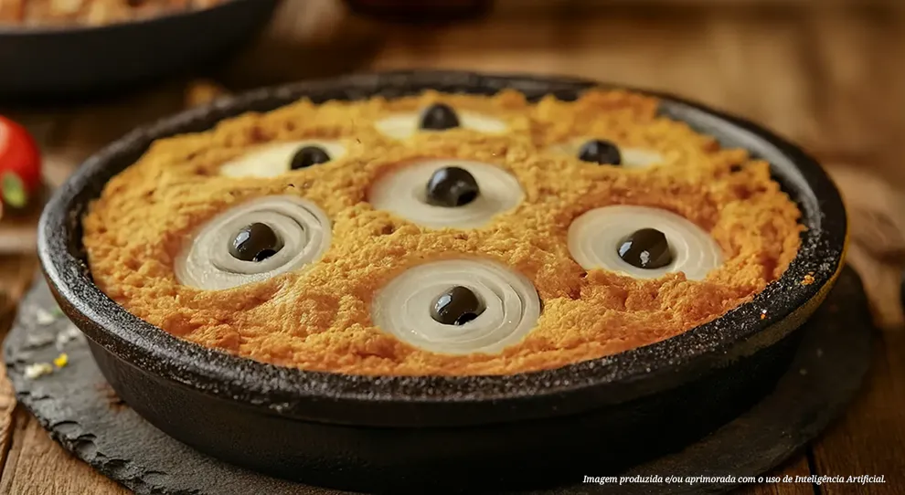 Torta Capixaba em destaque, com recheio rico em frutos do mar e decoração com cebolas e azeitonas. Apresentação em panela de barro sobre mesa rústica, com detalhes de limão e pimentões.