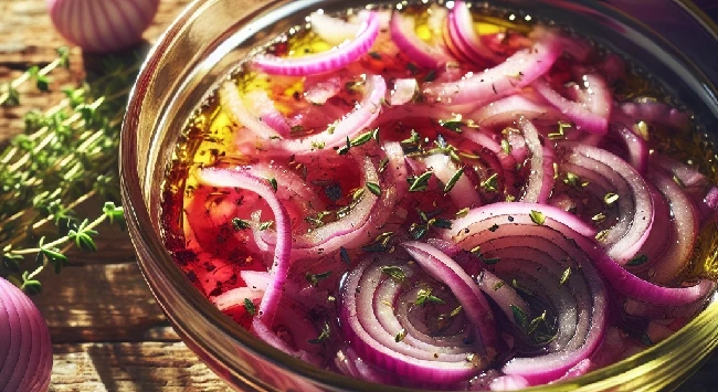 Salada de cebola para churrasco em uma tigela com azeite, vinagrete e temperos. 